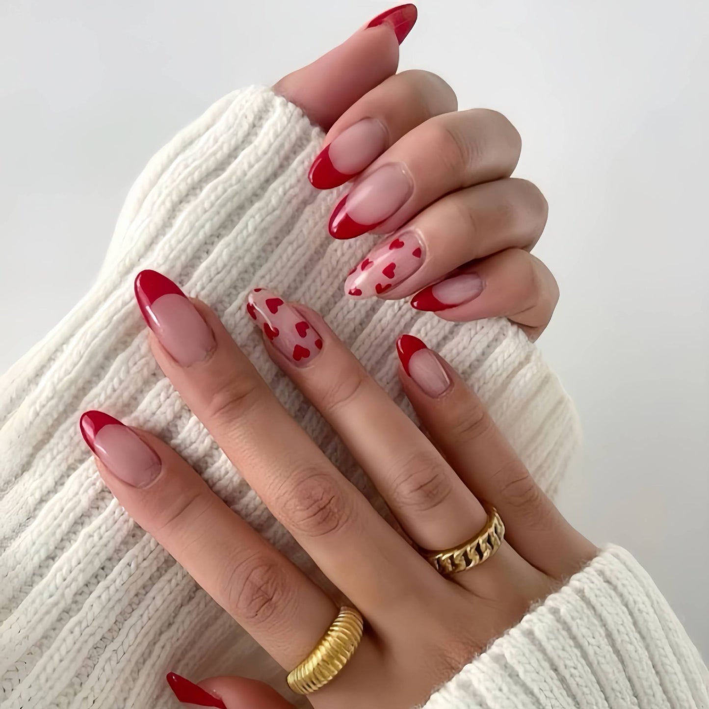 Romantic Elegance Long Almond Red with Heart Accents Press On Nail Set