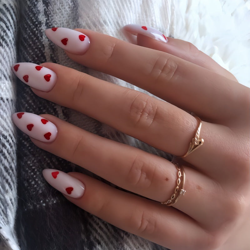 Romantic Charm Long Almond White with Red Hearts Press on Nail Set
