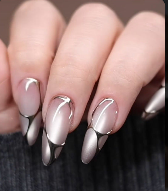 Glamorous Elegance Long Almond Translucent Gray with Metalized Accent Nail Set