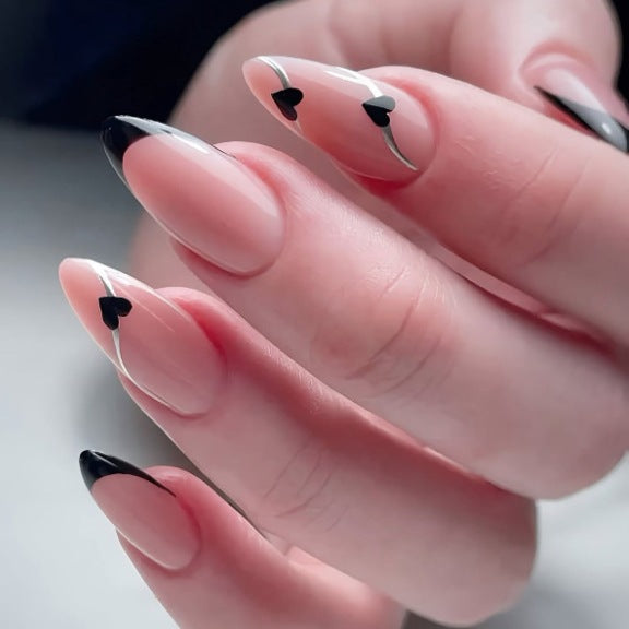 Charming Romance Long Almond Pink and Black Heart Tip Press On Nail Set