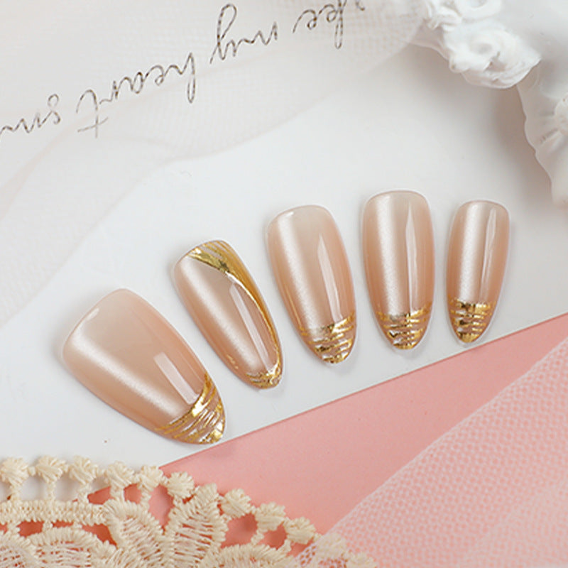 Dreamy Elegance Long Almond Shaped Soft Pink Nails with Chic Gold Tips