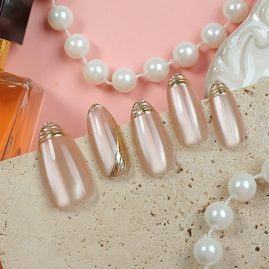 Elegant Serenity Blush Long Almond Press On Nail Set with Gold Accents