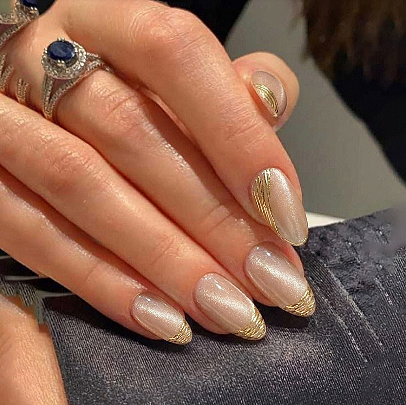 Elegant Gold Rush Long Almond Press On Nail Set Shimmering Beige Unique Metallic Tip Design