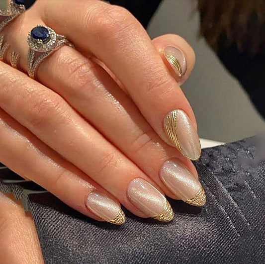 Elegant Gold Rush Long Almond Press On Nail Set Shimmering Beige Unique Metallic Tip Design