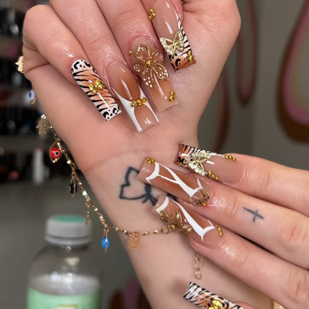 Wild Safari Long Square Brown with Intricate Gold Accents Press On Nail Set