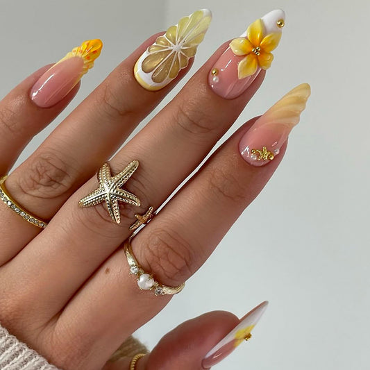 Tropical Sunshine Medium Almond Yellow Floral Accent Nail Set