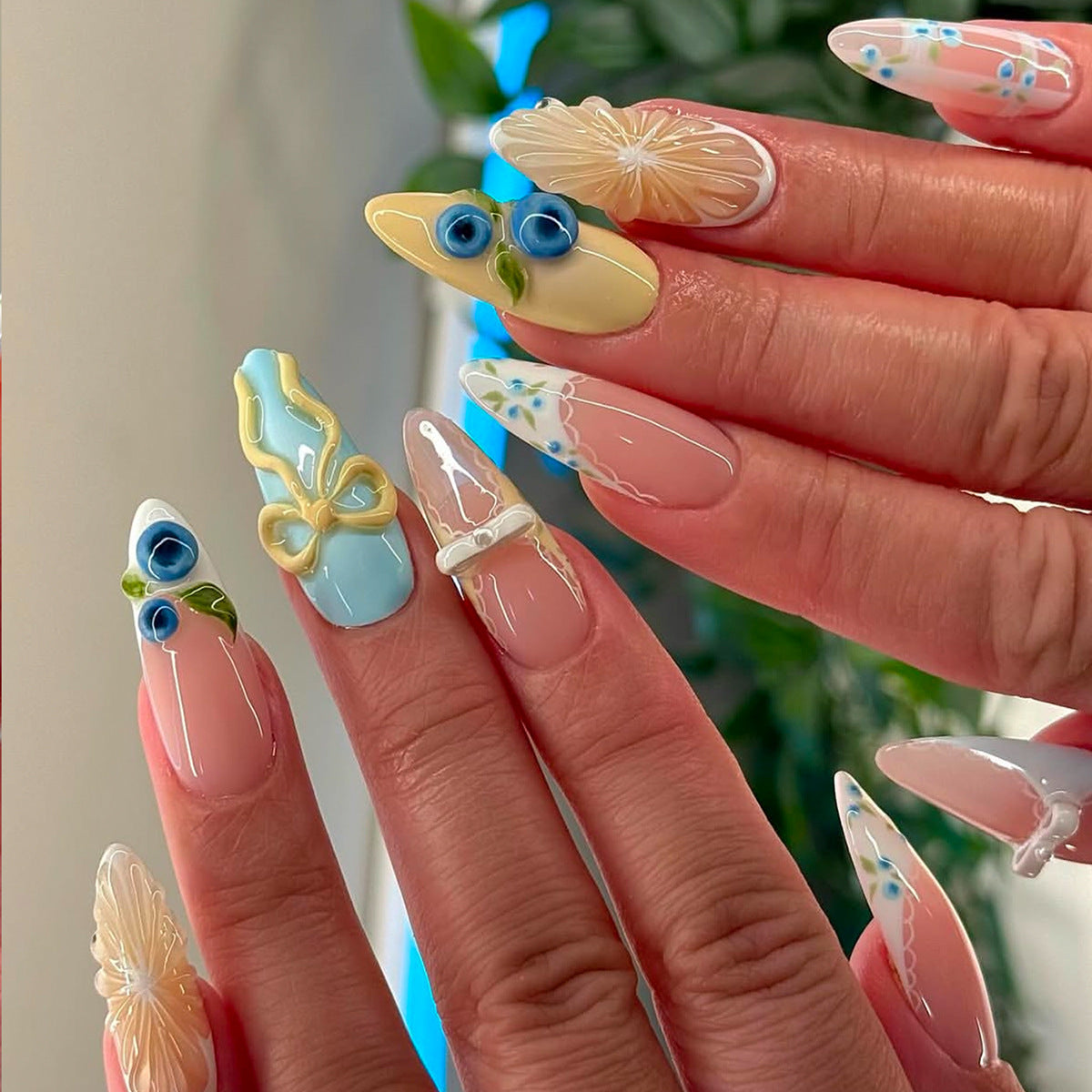 Whimsical Floral Fantasy Medium Almond Blue with Unique 3D Decorations Press On Nail Set