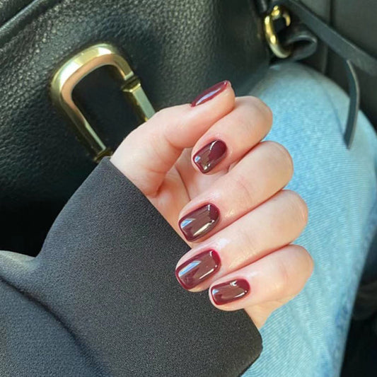 Autumn Elegance Short Square Burgundy Press On Nail Set with High Gloss Finish