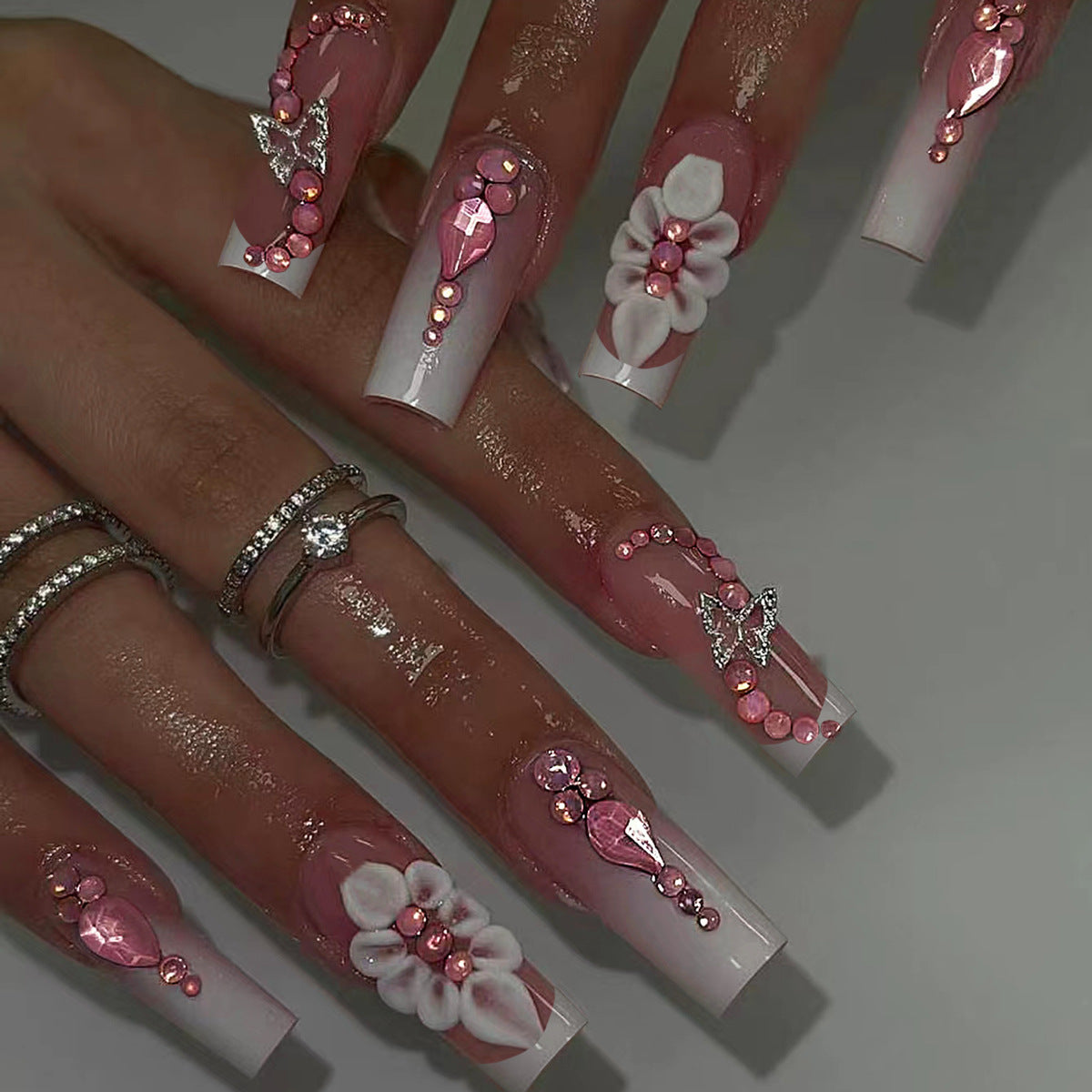 Blossom Elegance Long Square Pink Floral Design Press On Nail Set