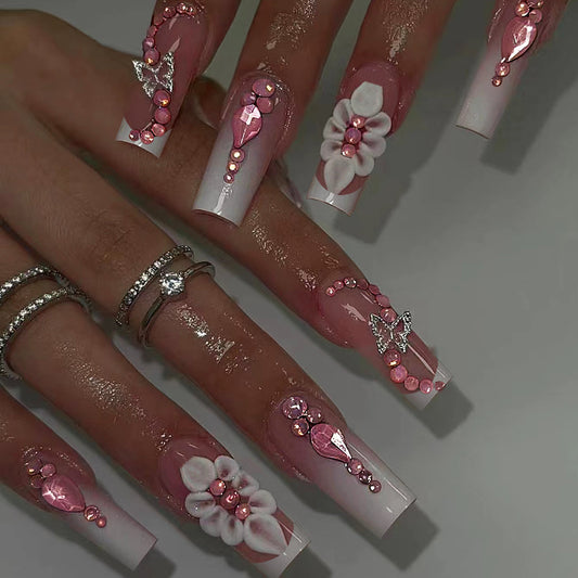 Blossom Elegance Long Square Pink Floral Design Press On Nail Set