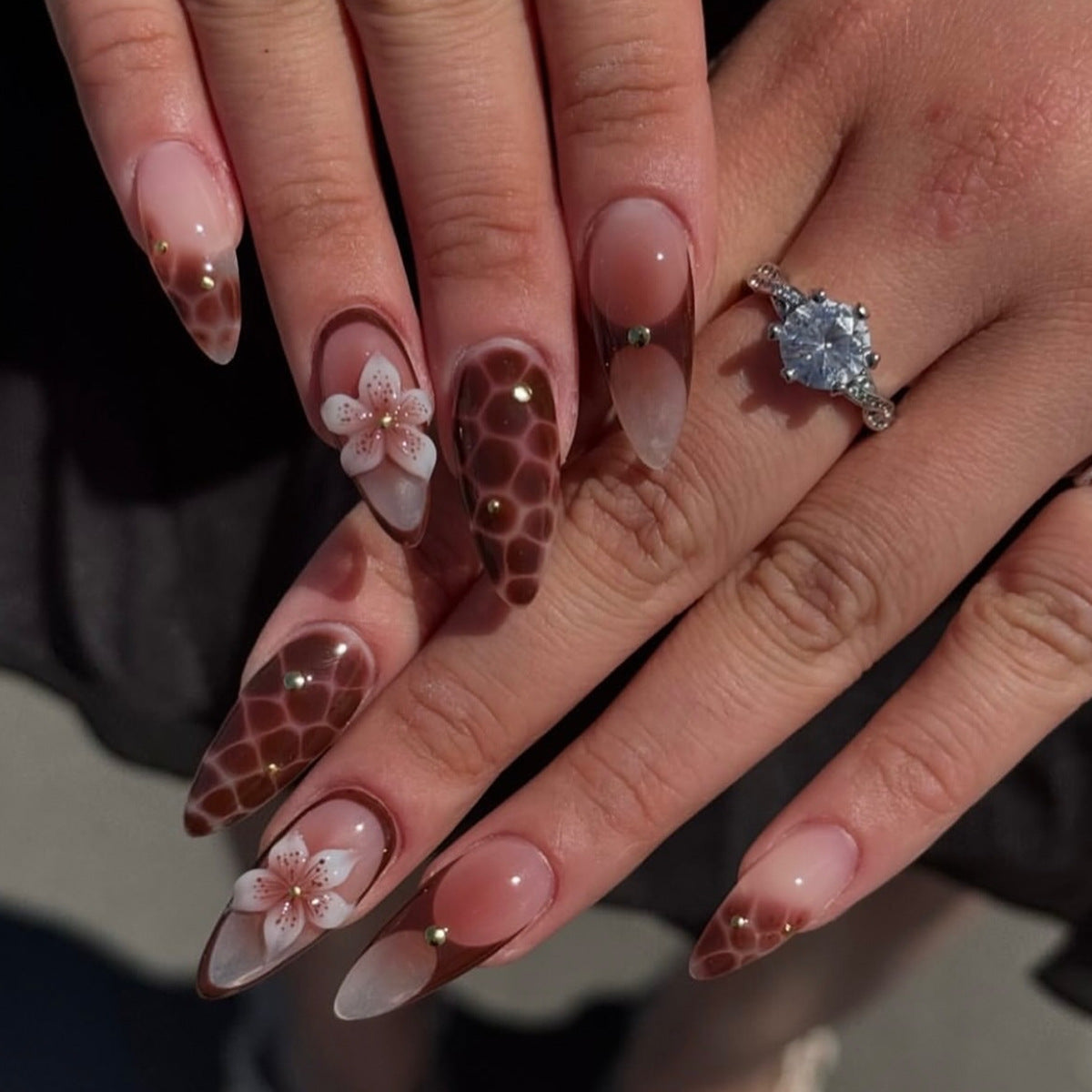 Honeycomb Dream Medium Almond Brown Floral Press On Nail Set