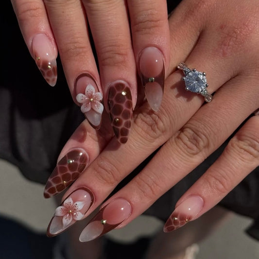 Honeycomb Dream Medium Almond Brown Floral Press On Nail Set