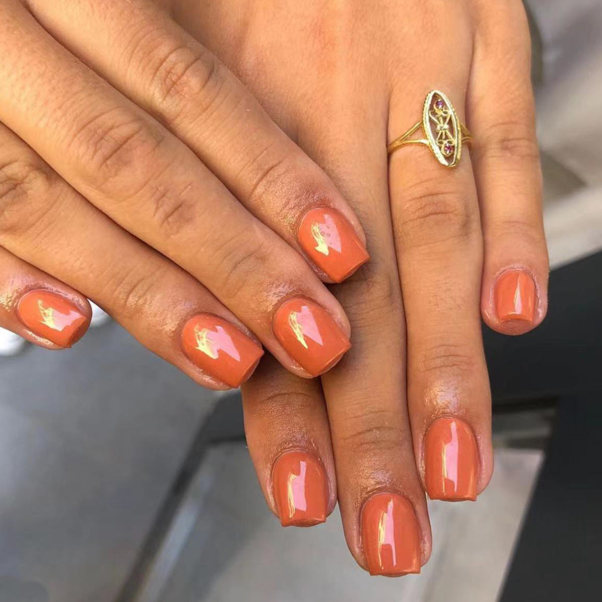 Tropical Sunset Medium-Length Square Peach Press On Nails with Reflective Flame Accents