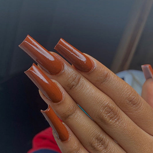 Autumn Elegance Extra Long Square Brown Press On Nails with High Gloss Finish