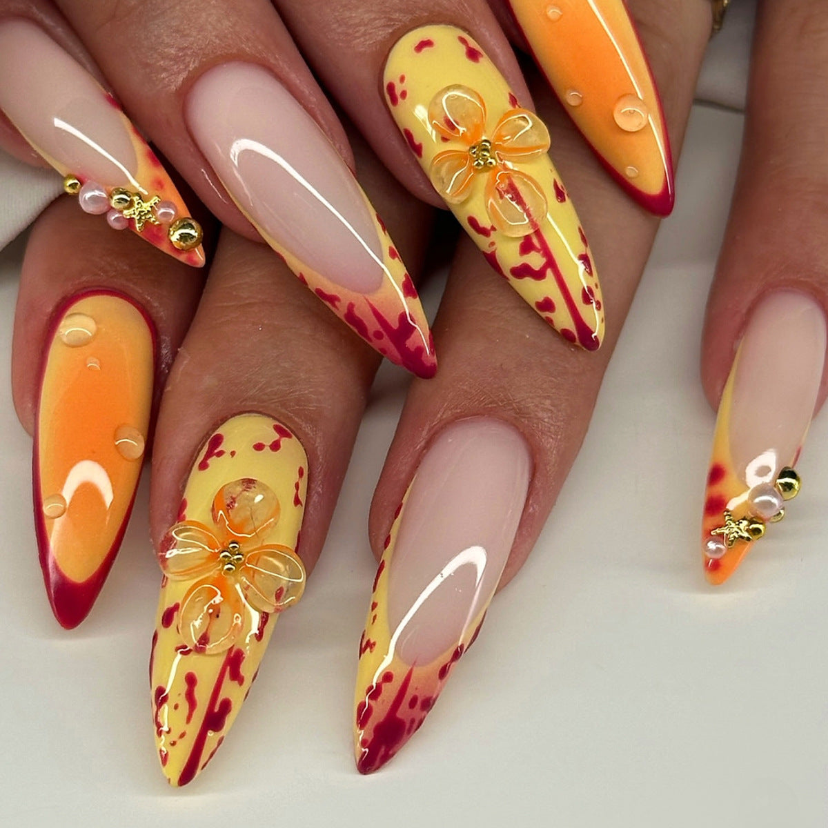 Tropical Paradise Long Almond Yellow Ombre with Floral Accents Press On Nail Set