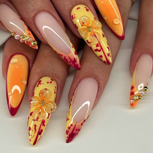 Tropical Paradise Long Almond Yellow Ombre with Floral Accents Press On Nail Set