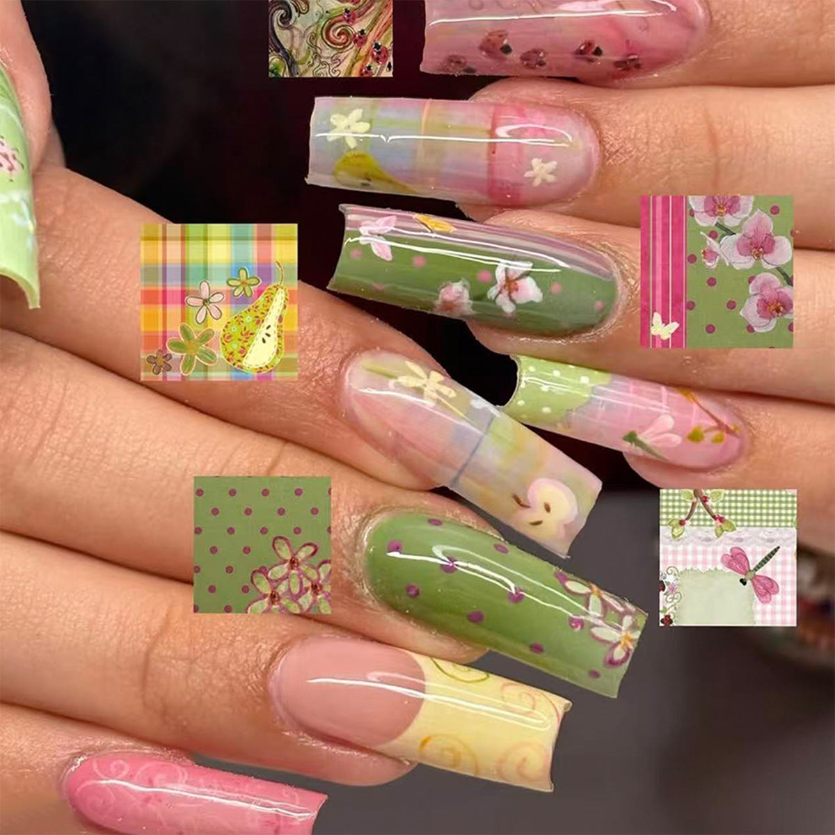 Blossoming Garden Long Square Green Floral Nail Press Set