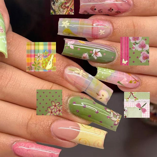 Blossoming Garden Long Square Green Floral Nail Press Set