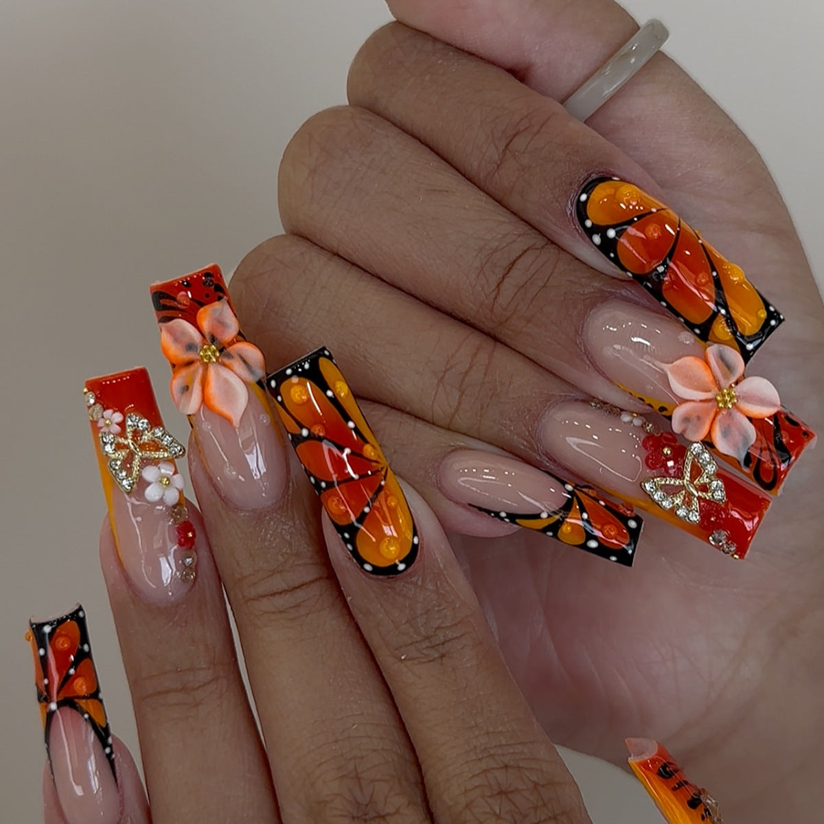 Bohemian Vibes Long Square Orange and Black Floral Press On Nail Set