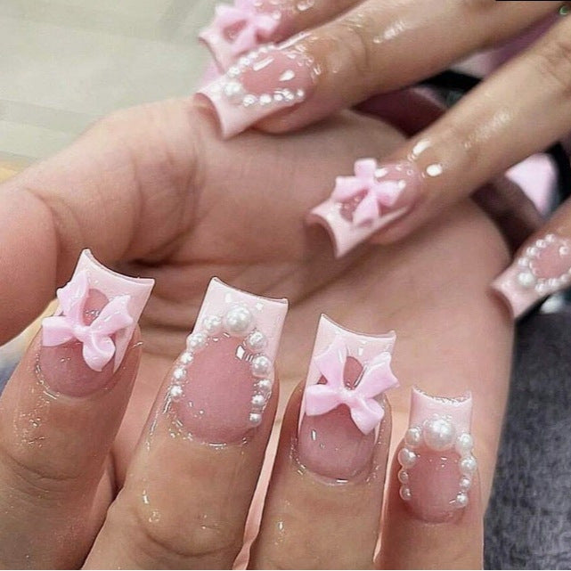 Enchanted Elegance Long Duck Pink Press On Nail Set with 3D Bows and Pearl Accents
