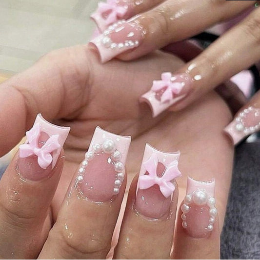 Enchanted Elegance Long Duck Pink Press On Nail Set with 3D Bows and Pearl Accents