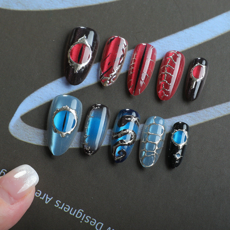 Mystical Galaxy Medium Almond Blue and Red Metallic Patterned Press On Nail Set