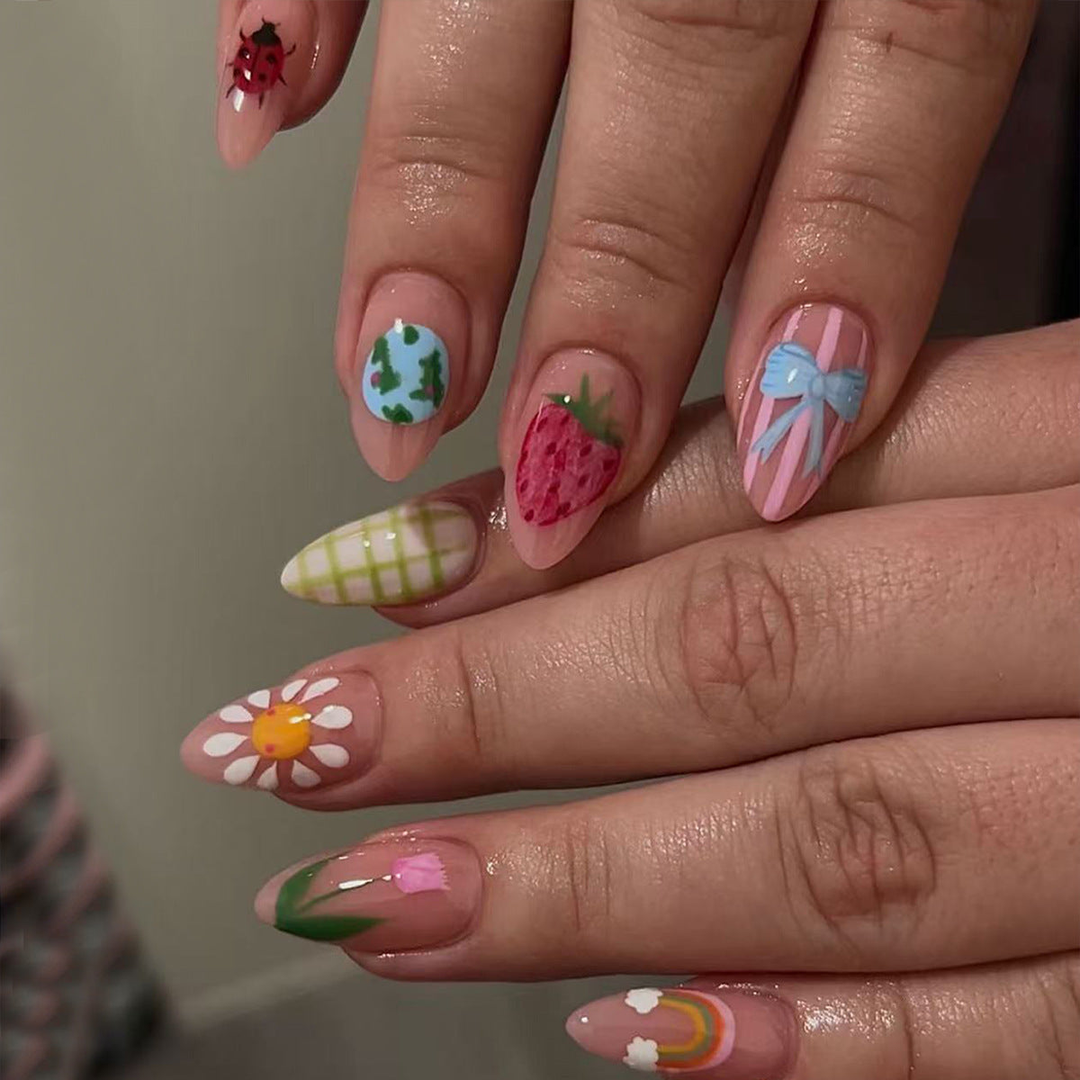 Springtime Elegance Medium Almond Pink Floral Design Press-On Nail Set