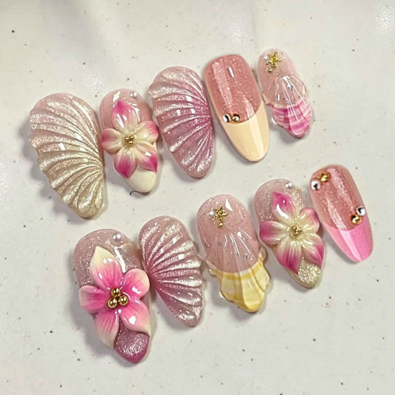 Seaside Elegance Medium Almond Pink with Floral Accents Press On Nail Set