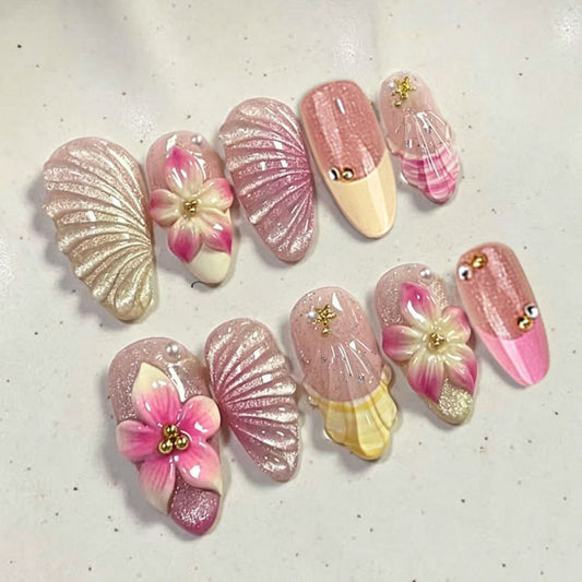 Seaside Elegance Medium Almond Pink with Floral Accents Press On Nail Set
