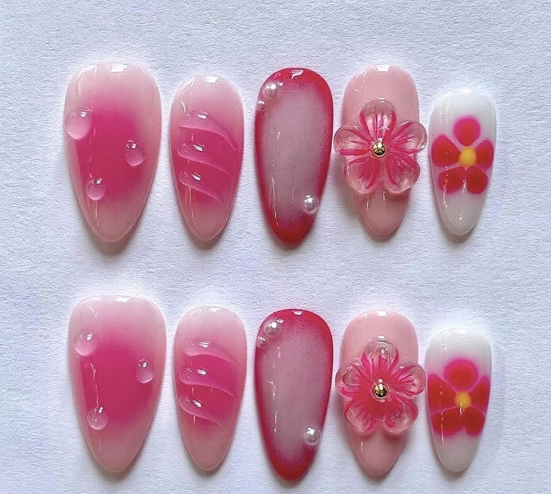 Blossom Dreams Medium Almond Pink Press On Nail Set with Stunning Floral Accents