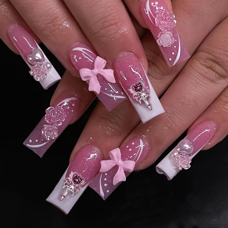 Charming Fairy Tale Long Square Pink Press On Nail Set with Floral and Bow Accent
