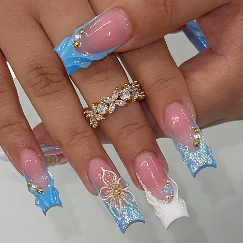 Ocean Breeze Long Square Blue Ombre Press On Nail Set with Floral Accents