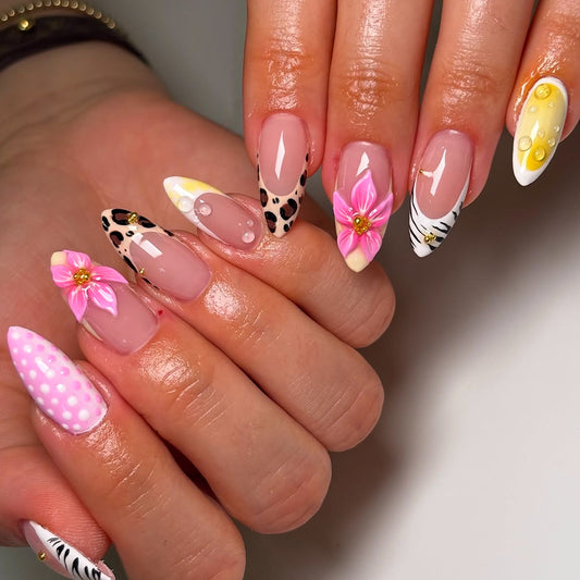Tropical Vibes Medium Almond Pink with Floral Embellishments Press on Nail Set