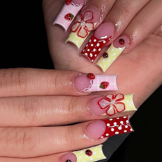 Sweet Summer Delight Medium Square Red and Yellow Floral Design Press On Nail Set