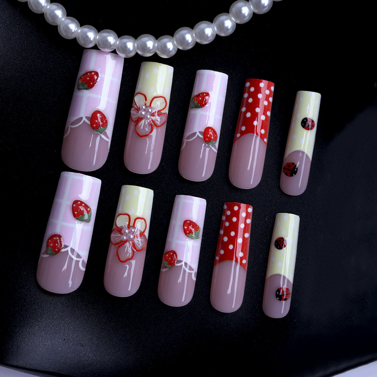 Sweet Summer Vibes Long Square Pink and Yellow Strawberry-Themed Press On Nail Set