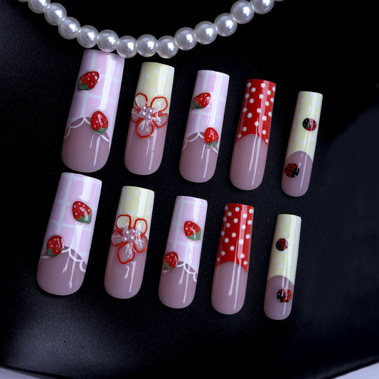 Sweet Summer Vibes Long Square Pink and Yellow Strawberry-Themed Press On Nail Set