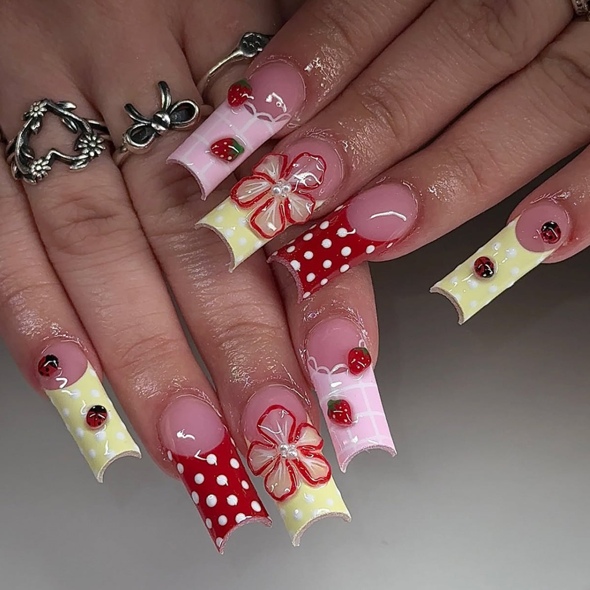 Whimsical Strawberry Long Square Coffin Nail Set with Floral Accents