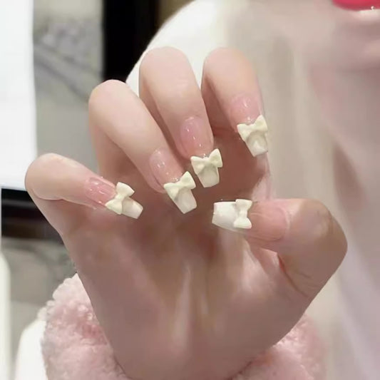 Elegant Bowtie Affair Long-Length Coffin Beige Press on Nail Set with 3D Bow Accents