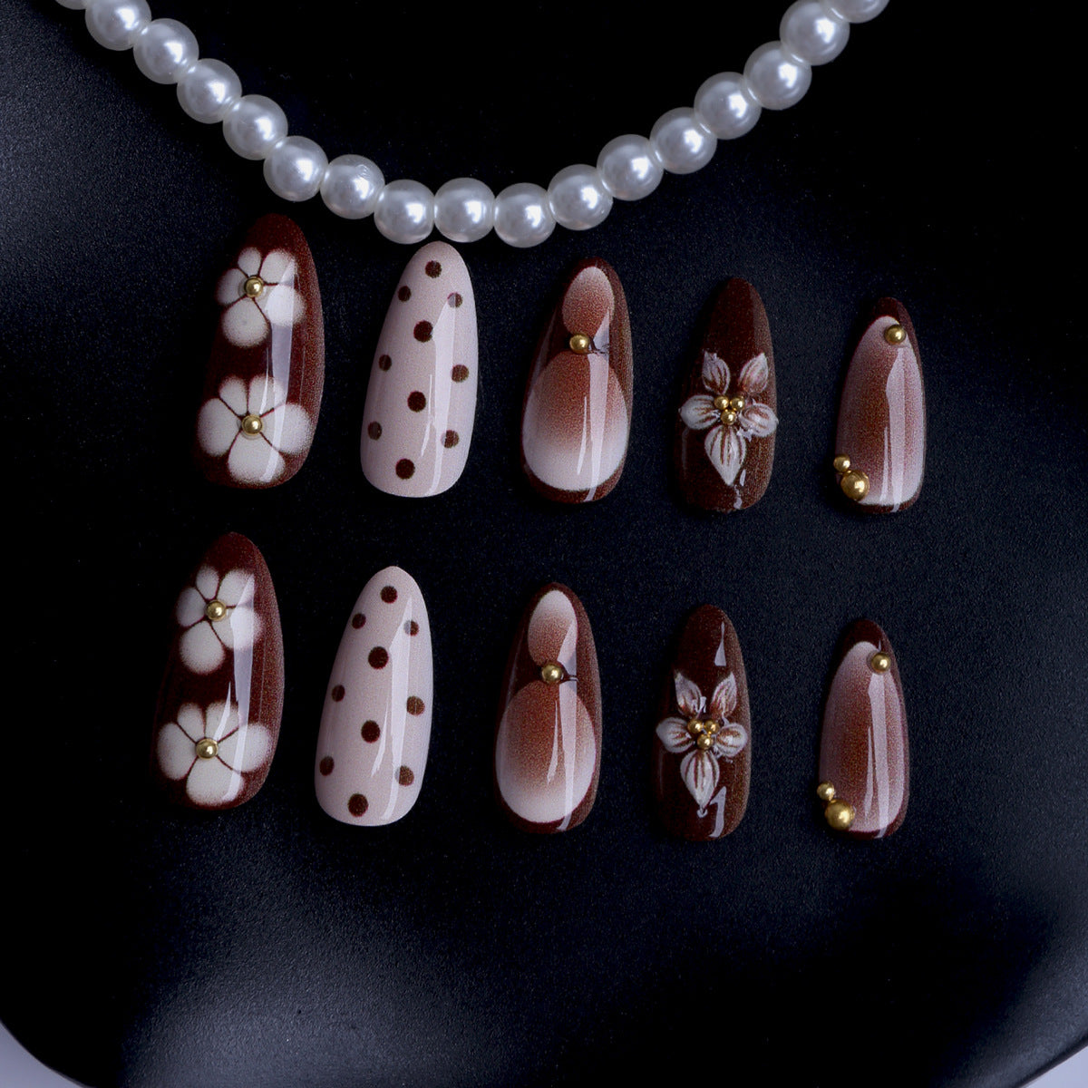 Chocolate Blossom Medium Almond Press On Nail Set with Gold Accents