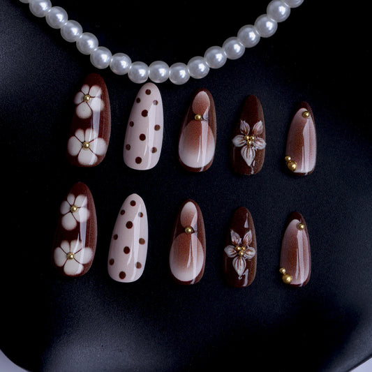 Chocolate Blossom Medium Almond Press On Nail Set with Gold Accents