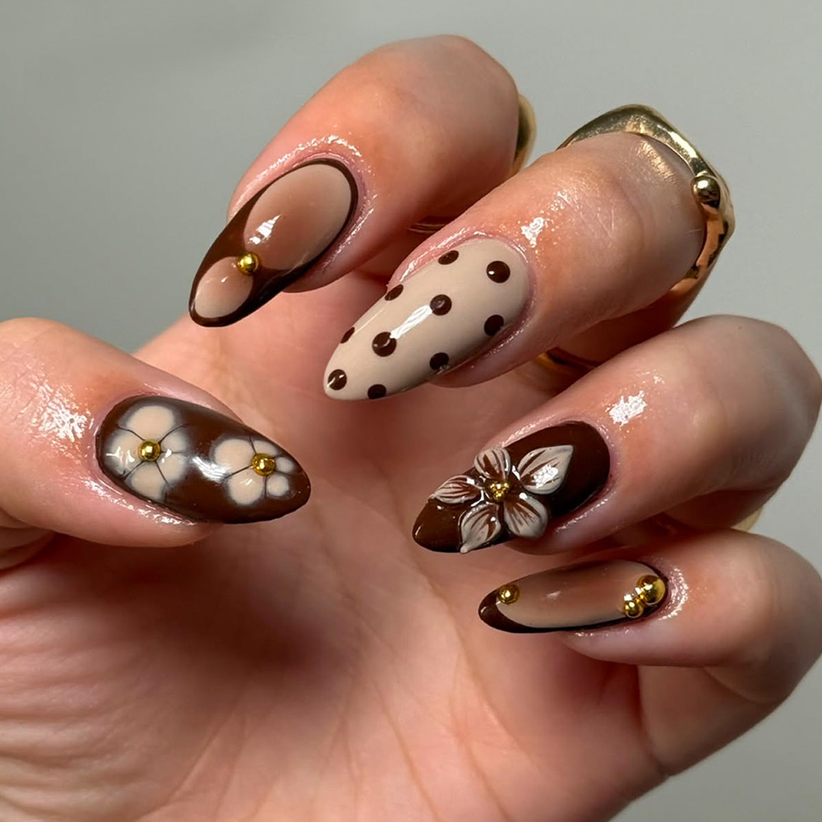 Chocolate Blossom Medium Almond Press On Nail Set with Artful Floral Accents