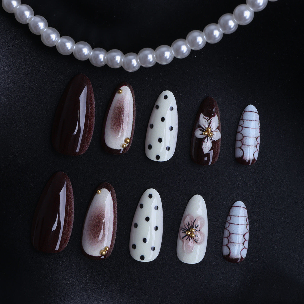 Elegant Autumn Vibes Medium Almond Deep Brown with Floral Accent and Dotted Design Press-On Nail Set