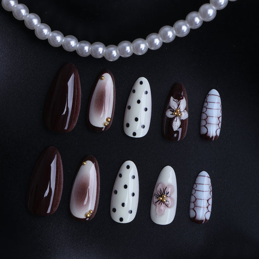 Elegant Autumn Vibes Medium Almond Deep Brown with Floral Accent and Dotted Design Press-On Nail Set