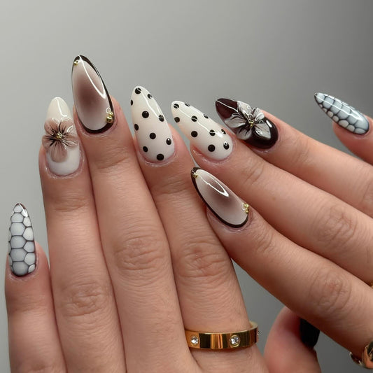 Elegant Floral Short Almond Black and White Accent Nail Set
