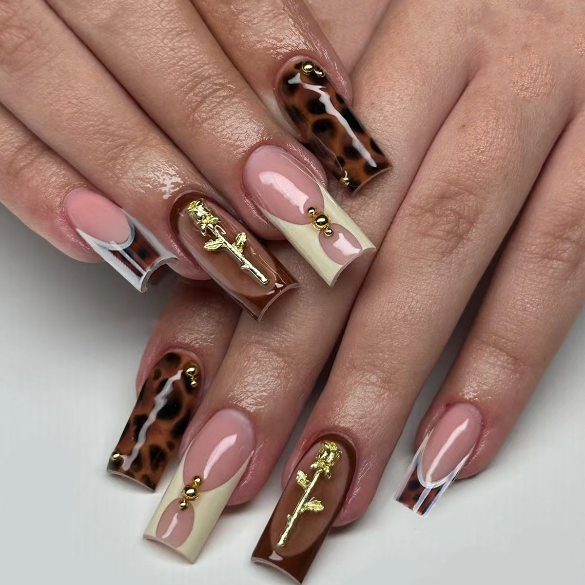 Glamorous Wildflower Long Square Brown and Gold Accent Press on Nail Set