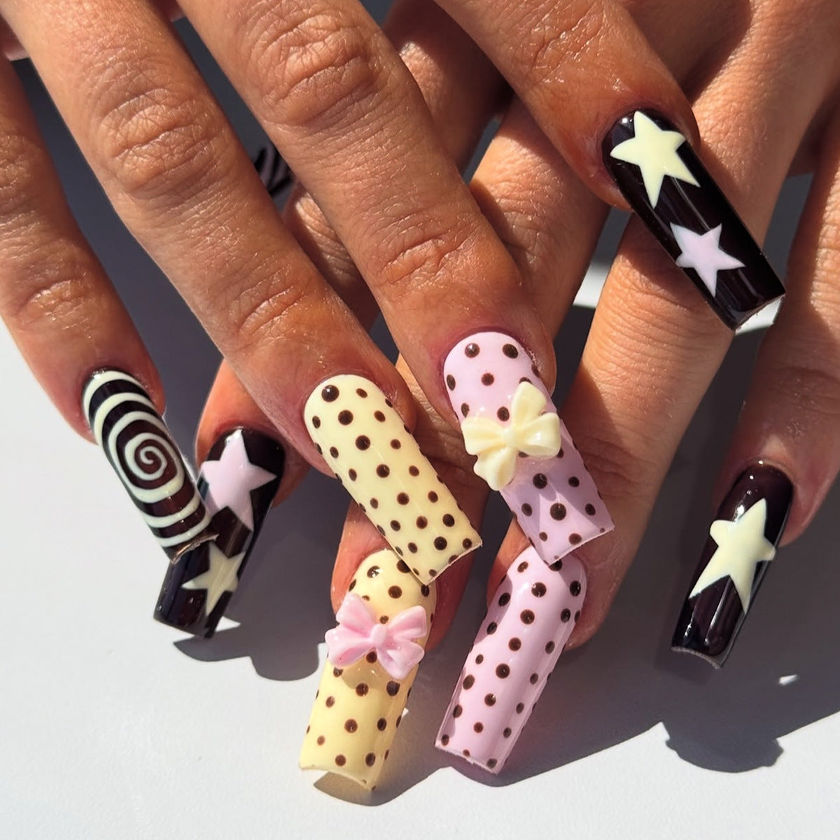Sweet Treats Long Square Pink and Brown Bow and Dot Design Press On Nail Set