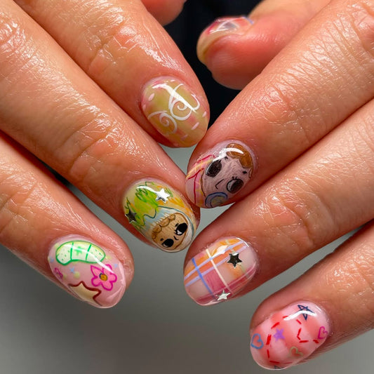 Whimsical Artistry Short Round Multicolored Cartoon Nail Set