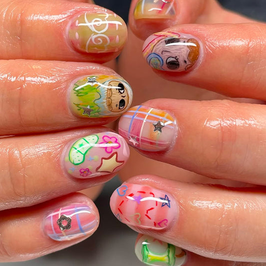 Whimsical Vibes Short Round Multicolor with Playful Designs Press On Nail Set