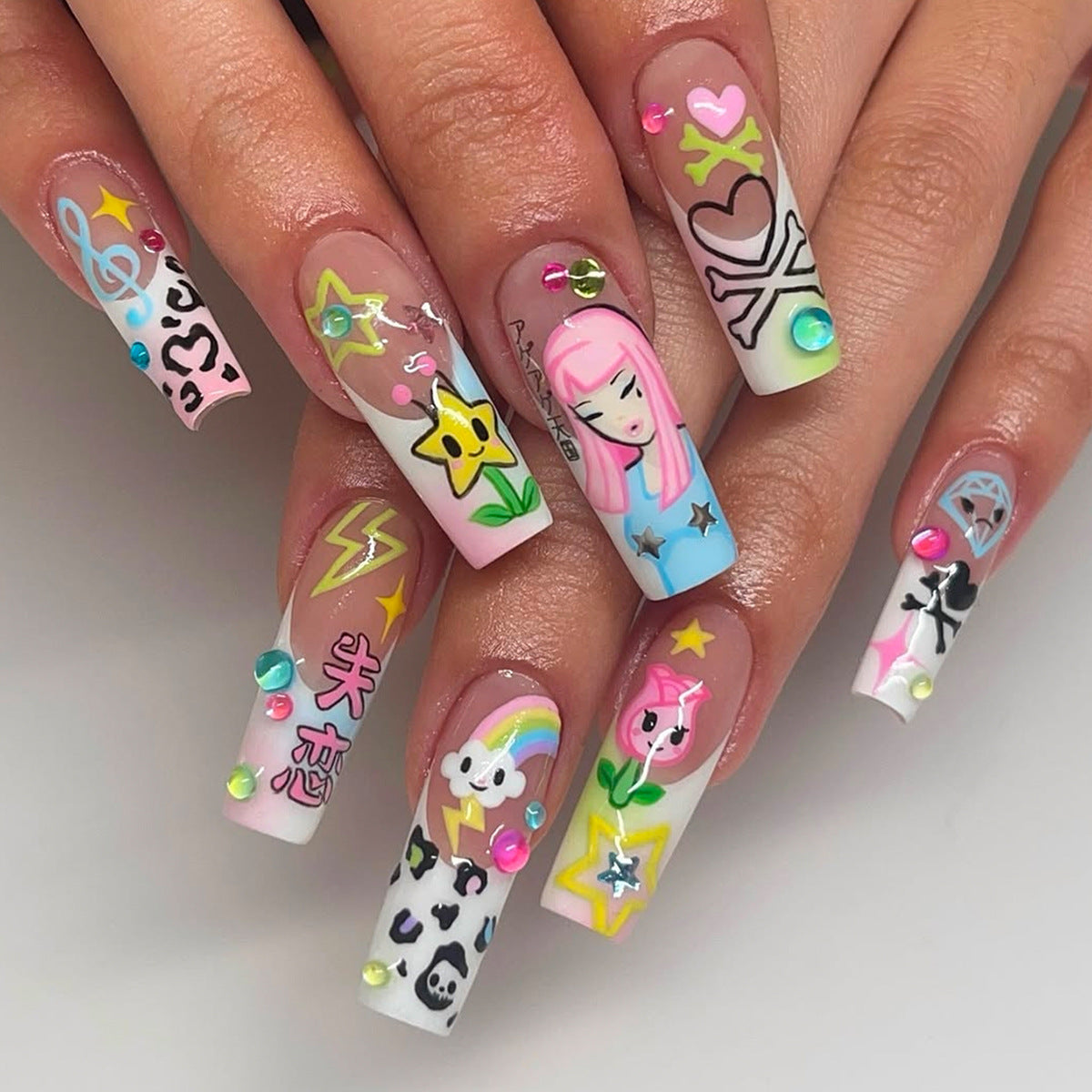 Whimsical Fantasy Long Square Colorful Press On Nail Set with Unique Art Elements