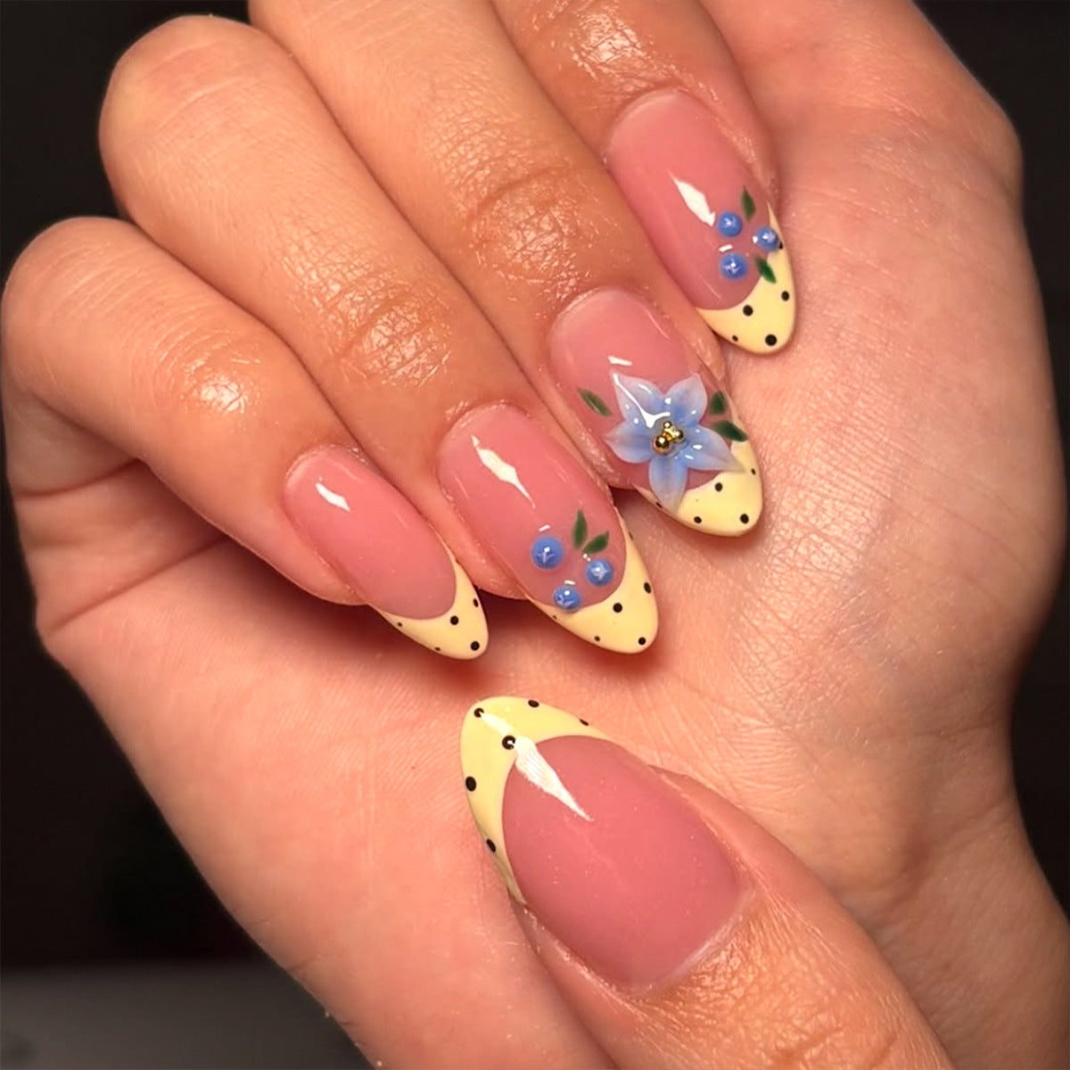 Blooming Elegance Medium Almond Pink with Floral Accents and Dotted Tips Press on Nail Set